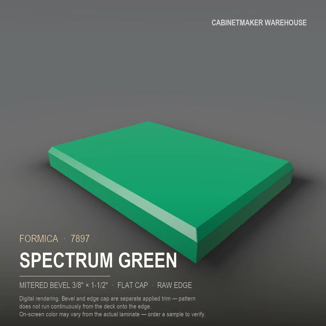 Formica Spectrum Green 7897 laminate on a countertop with a mitered bevel edge