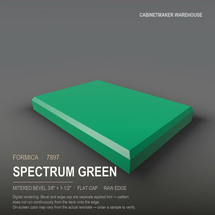 Formica Spectrum Green 7897 laminate on a countertop with a mitered bevel edge