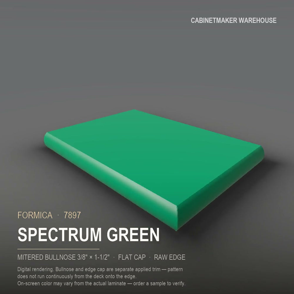 Formica Spectrum Green 7897 laminate on a countertop with a mitered bullnose edge