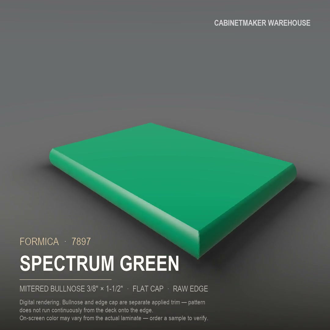 Formica Spectrum Green 7897 laminate on a countertop with a mitered bullnose edge
