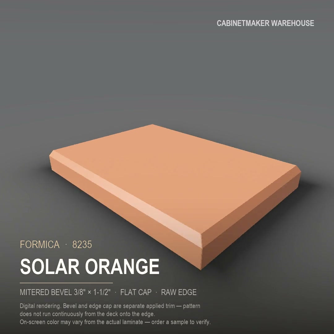Formica Solar Orange 8235 laminate on a countertop with a mitered bevel edge