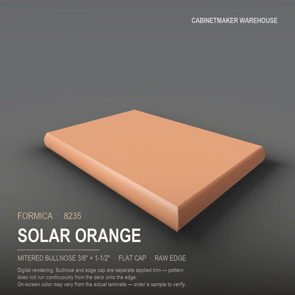 Formica Solar Orange 8235 laminate on a countertop with a mitered bullnose edge