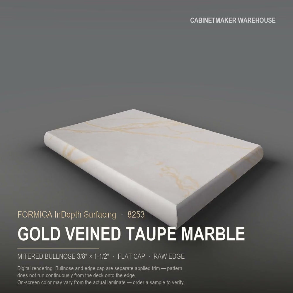 Formica Gold Veined Taupe Marble 8253 laminate on a countertop with a mitered bullnose edge
