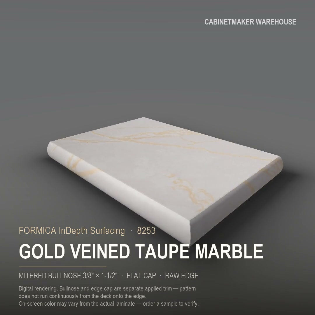 Formica Gold Veined Taupe Marble 8253 laminate on a countertop with a mitered bullnose edge