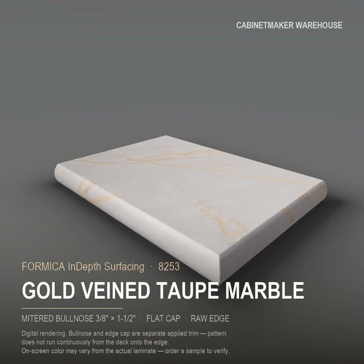 Formica Gold Veined Taupe Marble 8253 laminate on a countertop with a mitered bullnose edge