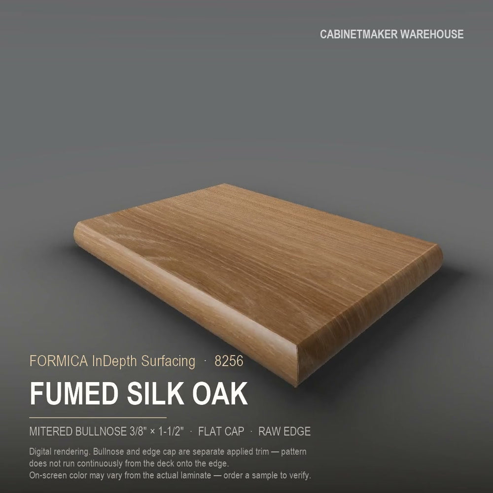 Formica Fumed Silk Oak 8256 laminate on a countertop with a mitered bullnose edge