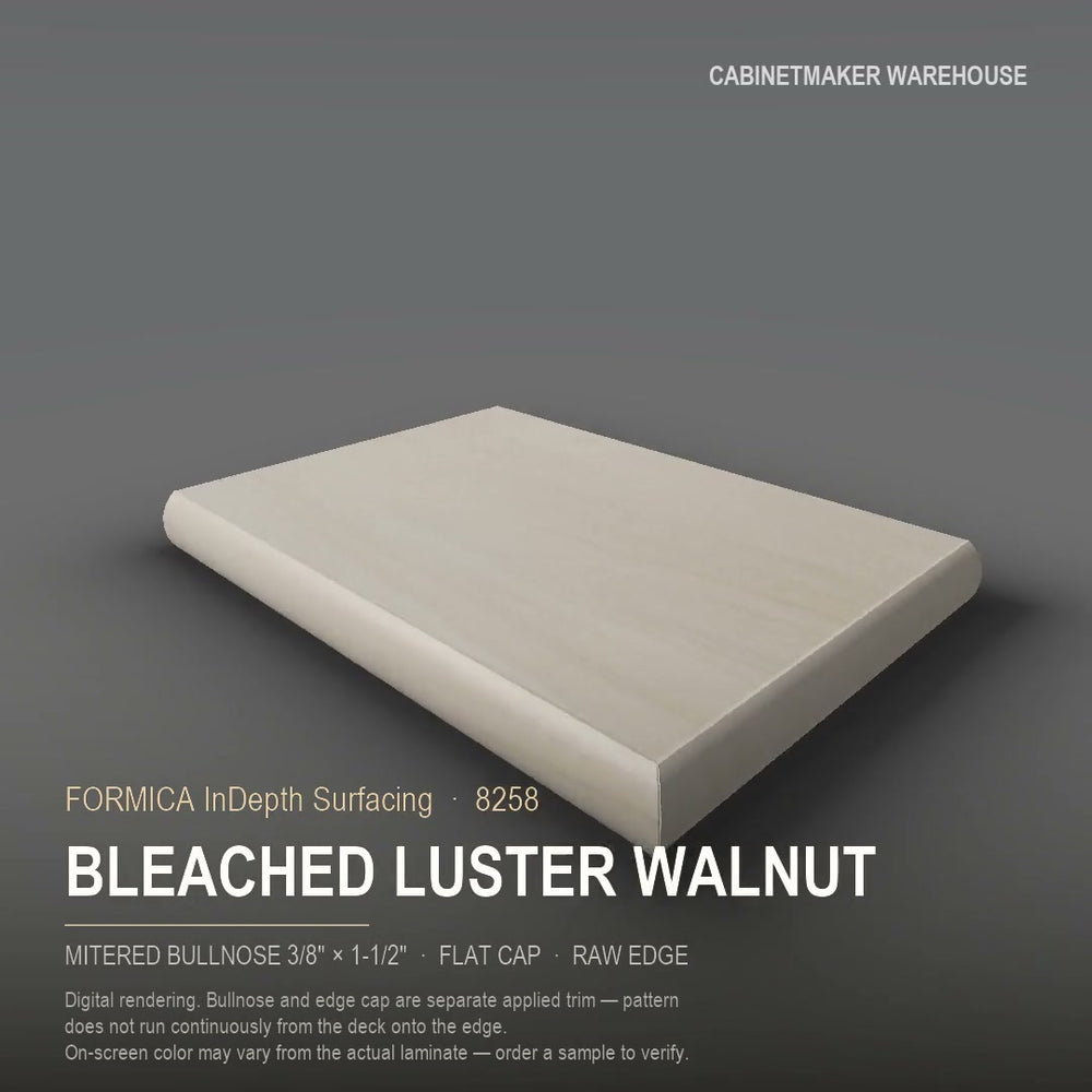 Formica Bleached Luster Walnut 8258 laminate on a countertop with a mitered bullnose edge