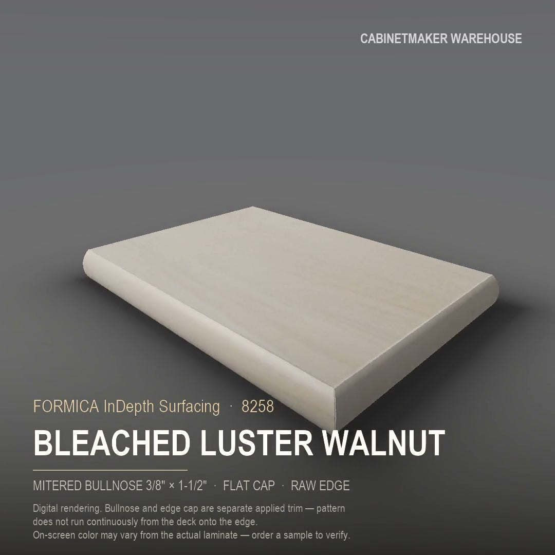 Formica Bleached Luster Walnut 8258 laminate on a countertop with a mitered bullnose edge