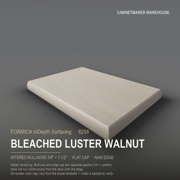 Formica Bleached Luster Walnut 8258 laminate on a countertop with a mitered bullnose edge
