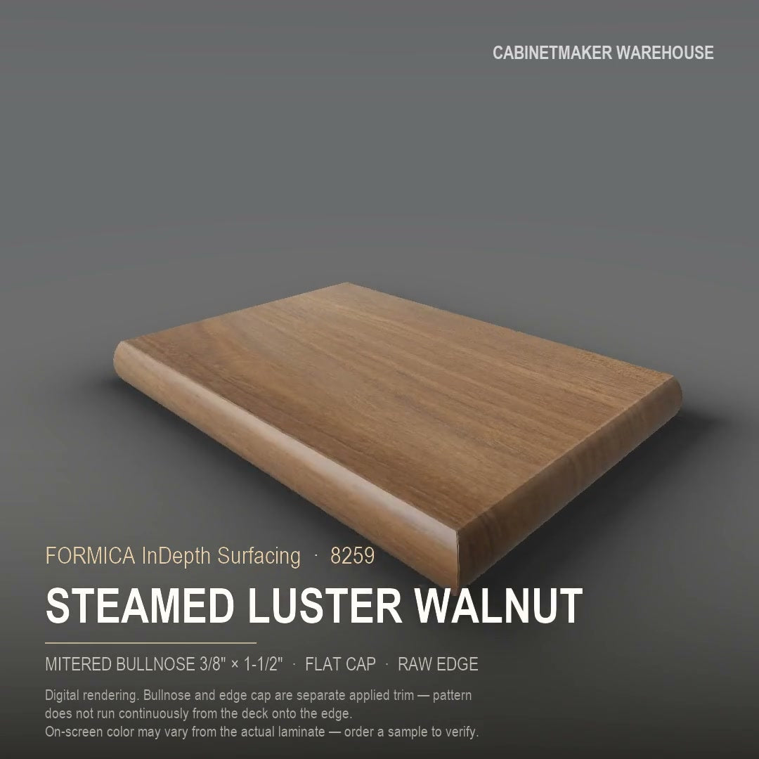 Formica Steamed Luster Walnut 8259 laminate on a countertop with a mitered bullnose edge