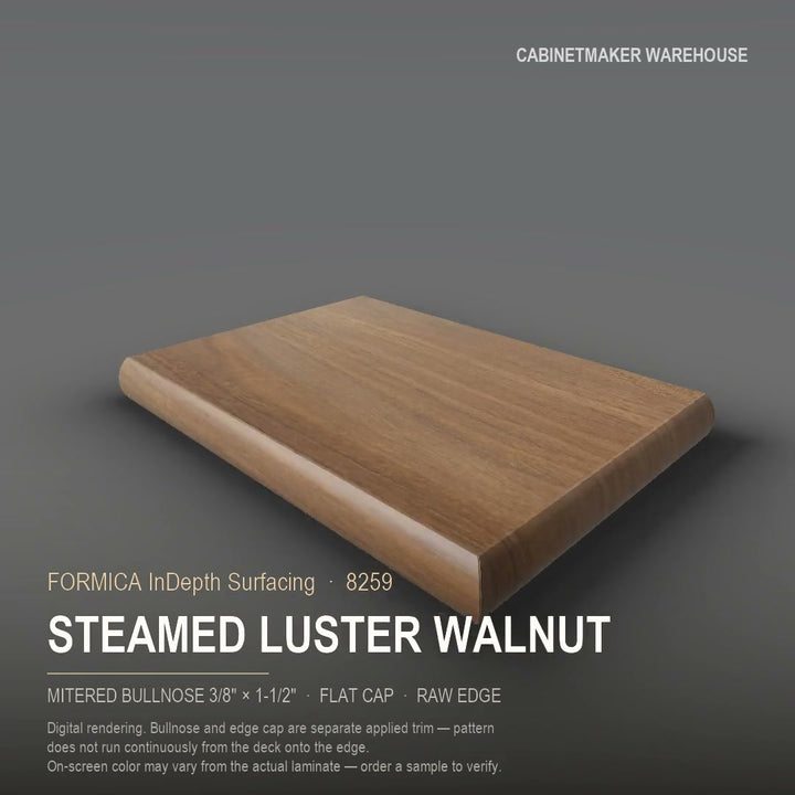 Formica Steamed Luster Walnut 8259 laminate on a countertop with a mitered bullnose edge