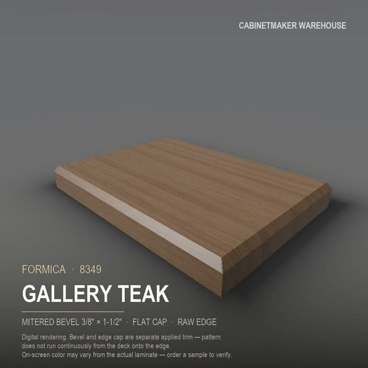 Formica Gallery Teak 8349 laminate on a countertop with a mitered bevel edge