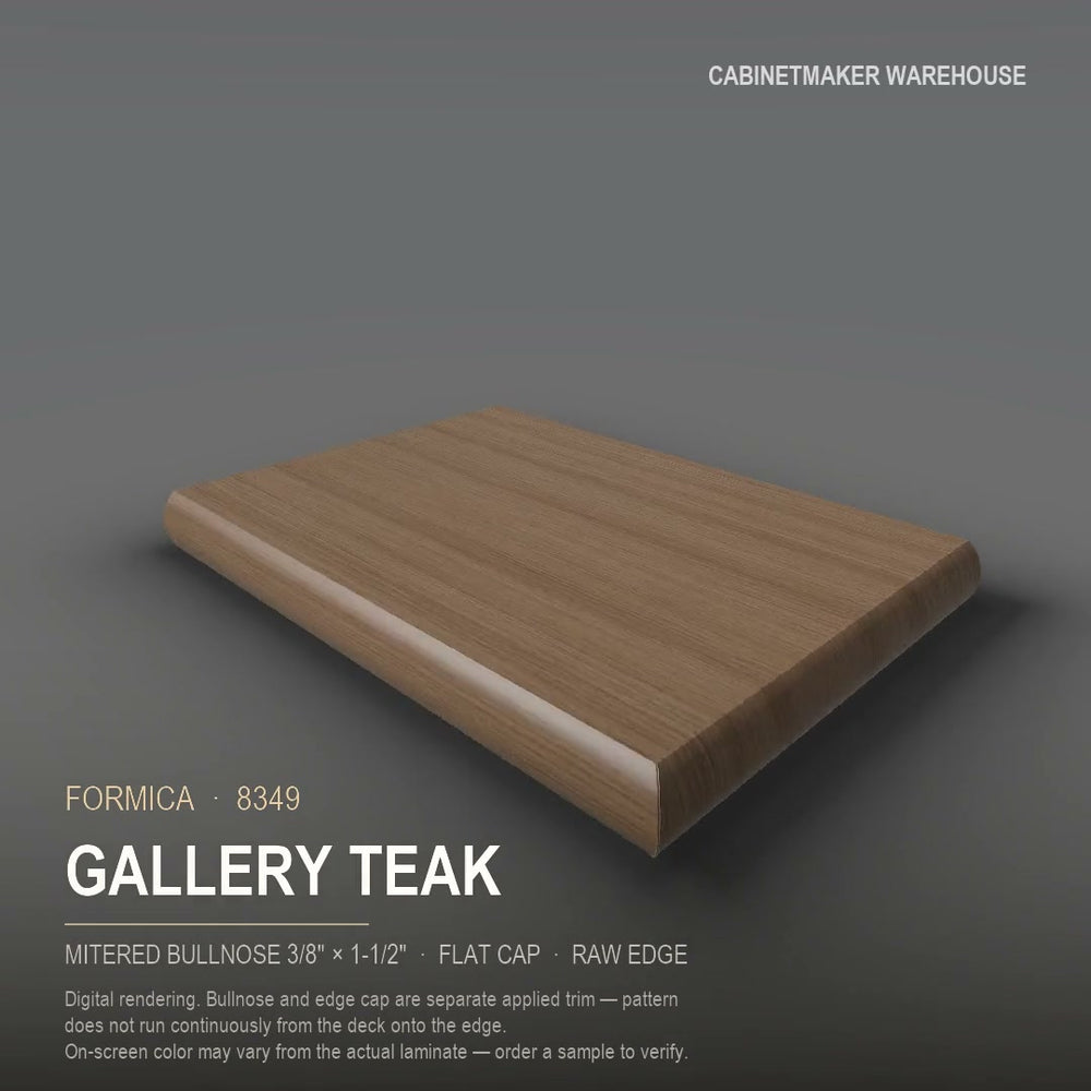 Formica Gallery Teak 8349 laminate on a countertop with a mitered bullnose edge