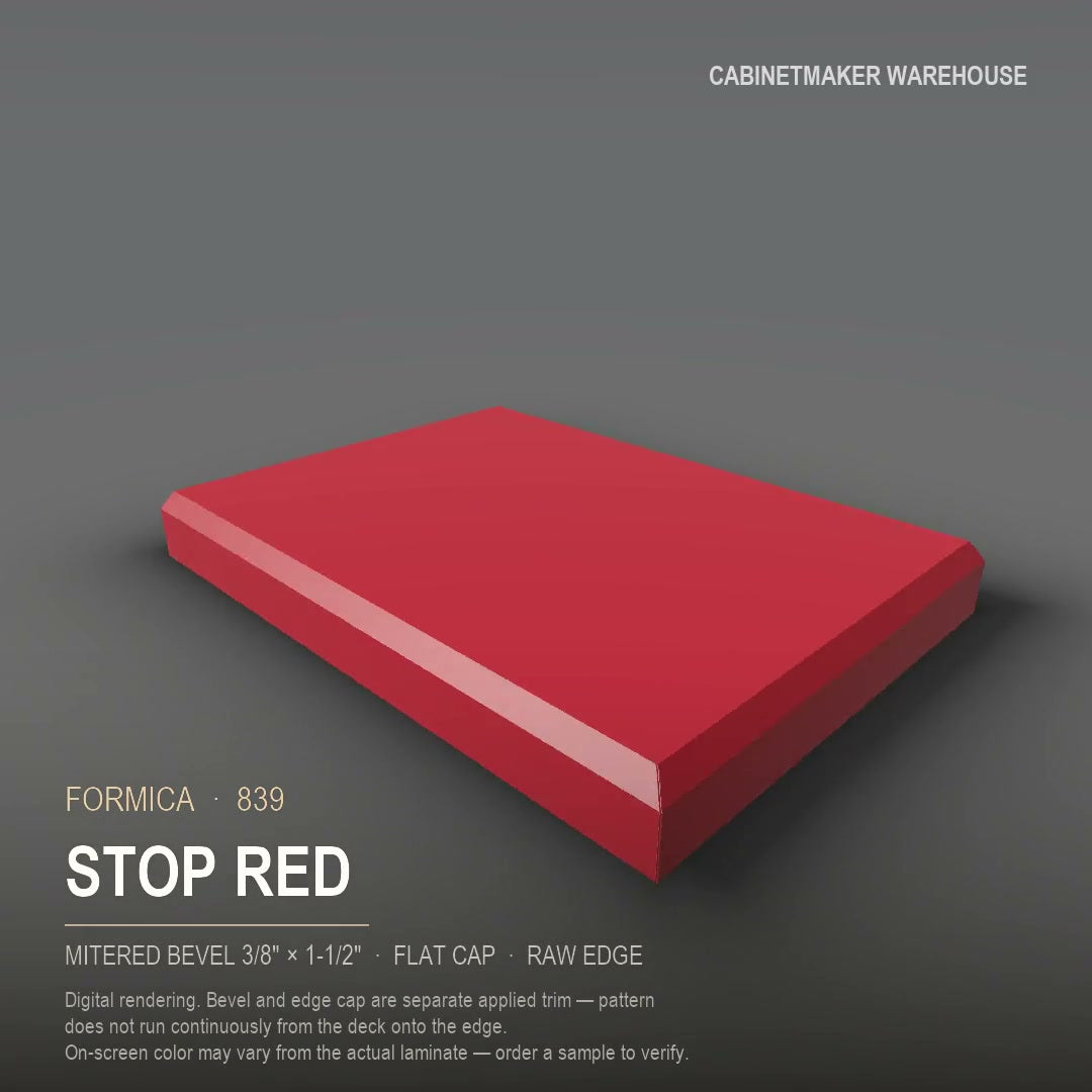 Formica Stop Red 839 laminate on a countertop with a mitered bevel edge