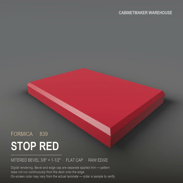 Formica Stop Red 839 laminate on a countertop with a mitered bevel edge