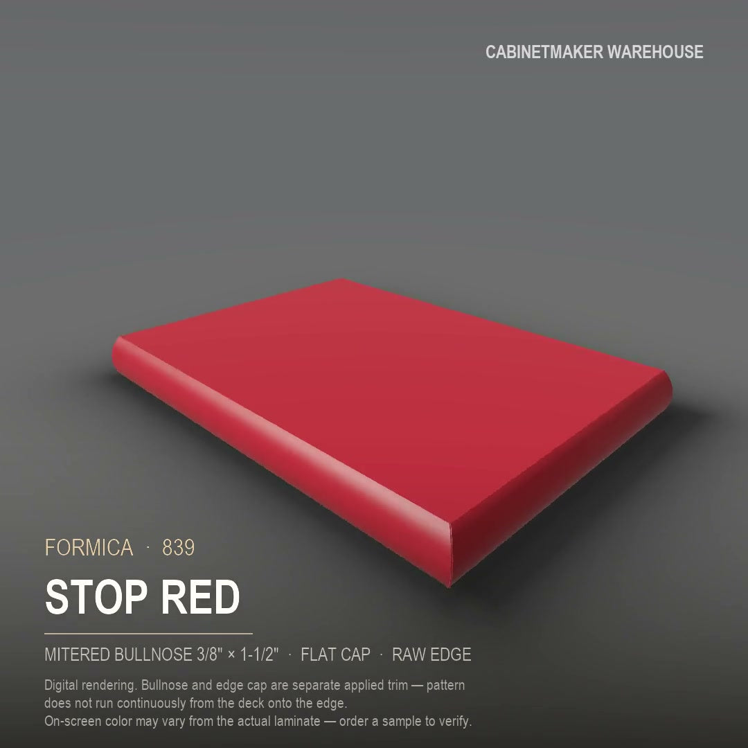 Formica Stop Red 839 laminate on a countertop with a mitered bullnose edge