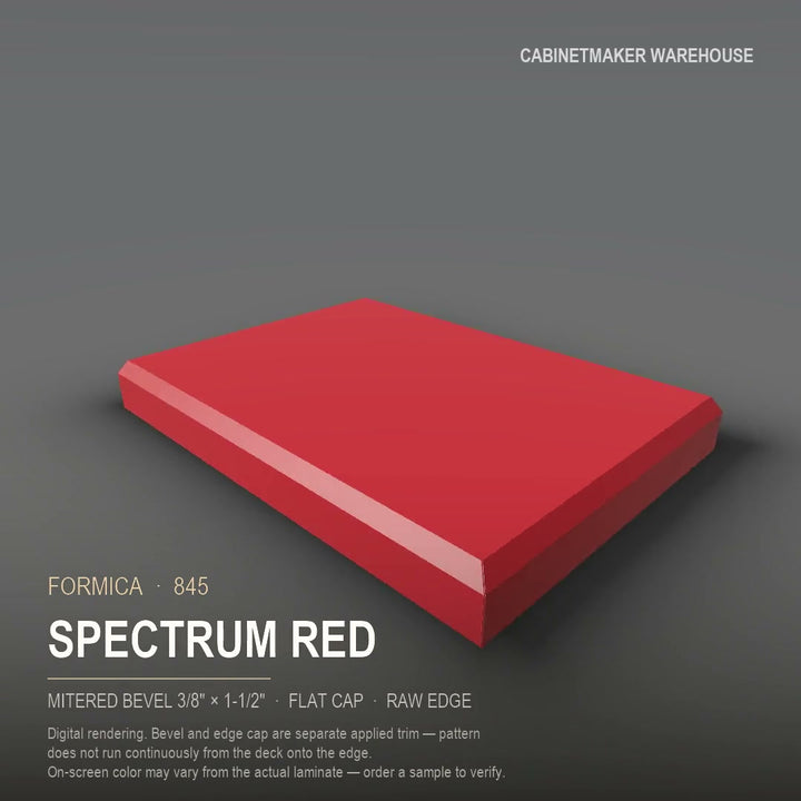 Formica Spectrum Red 845 laminate on a countertop with a mitered bevel edge