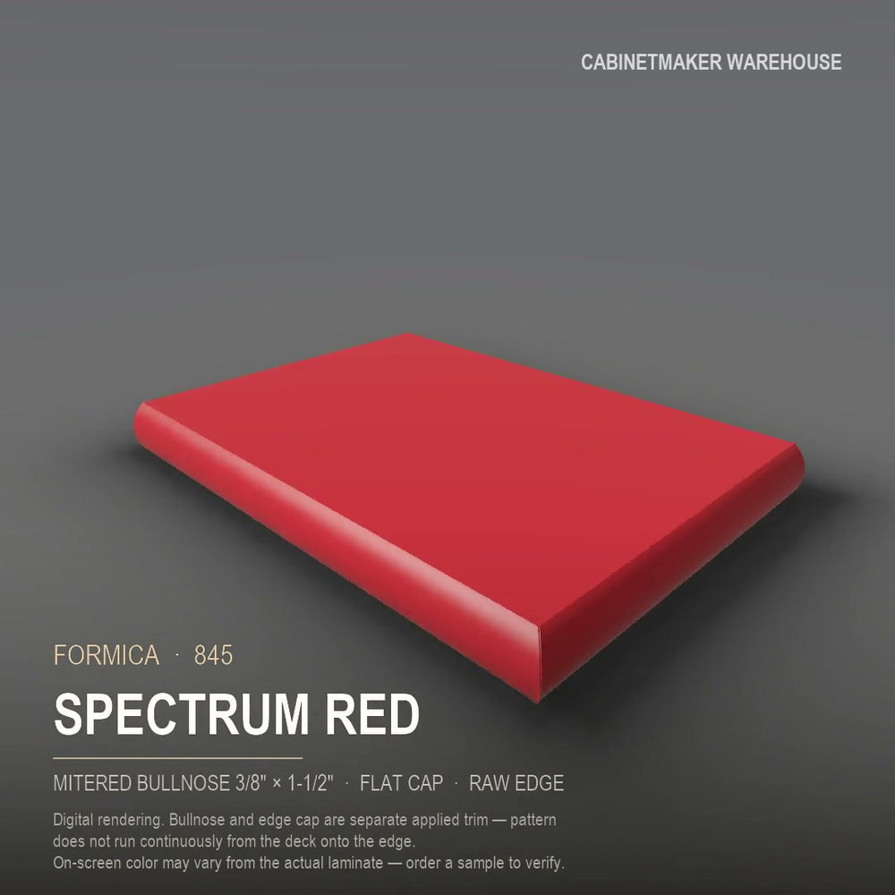 Formica Spectrum Red 845 laminate on a countertop with a mitered bullnose edge