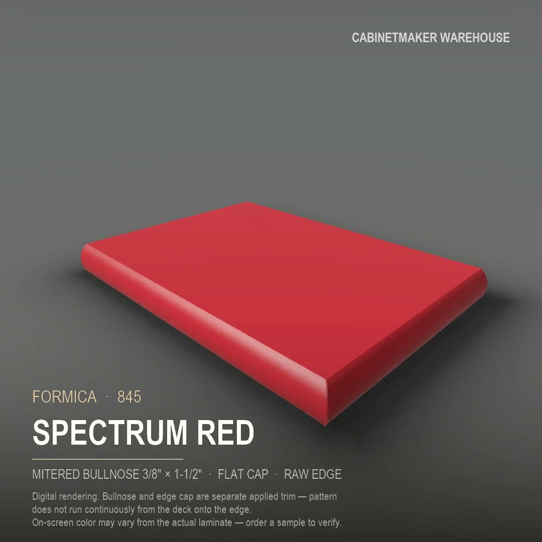 Formica Spectrum Red 845 laminate on a countertop with a mitered bullnose edge