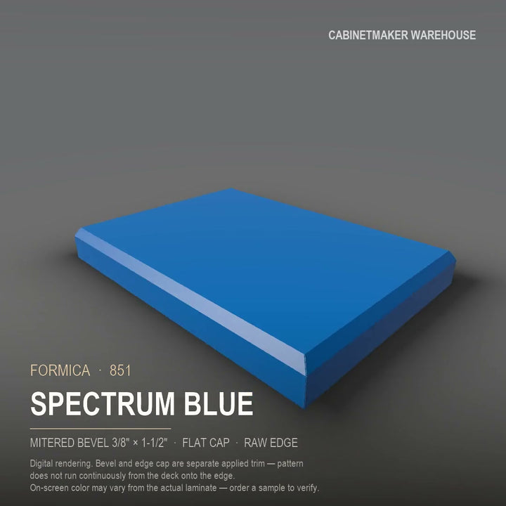 Formica Spectrum Blue 851 laminate on a countertop with a mitered bevel edge
