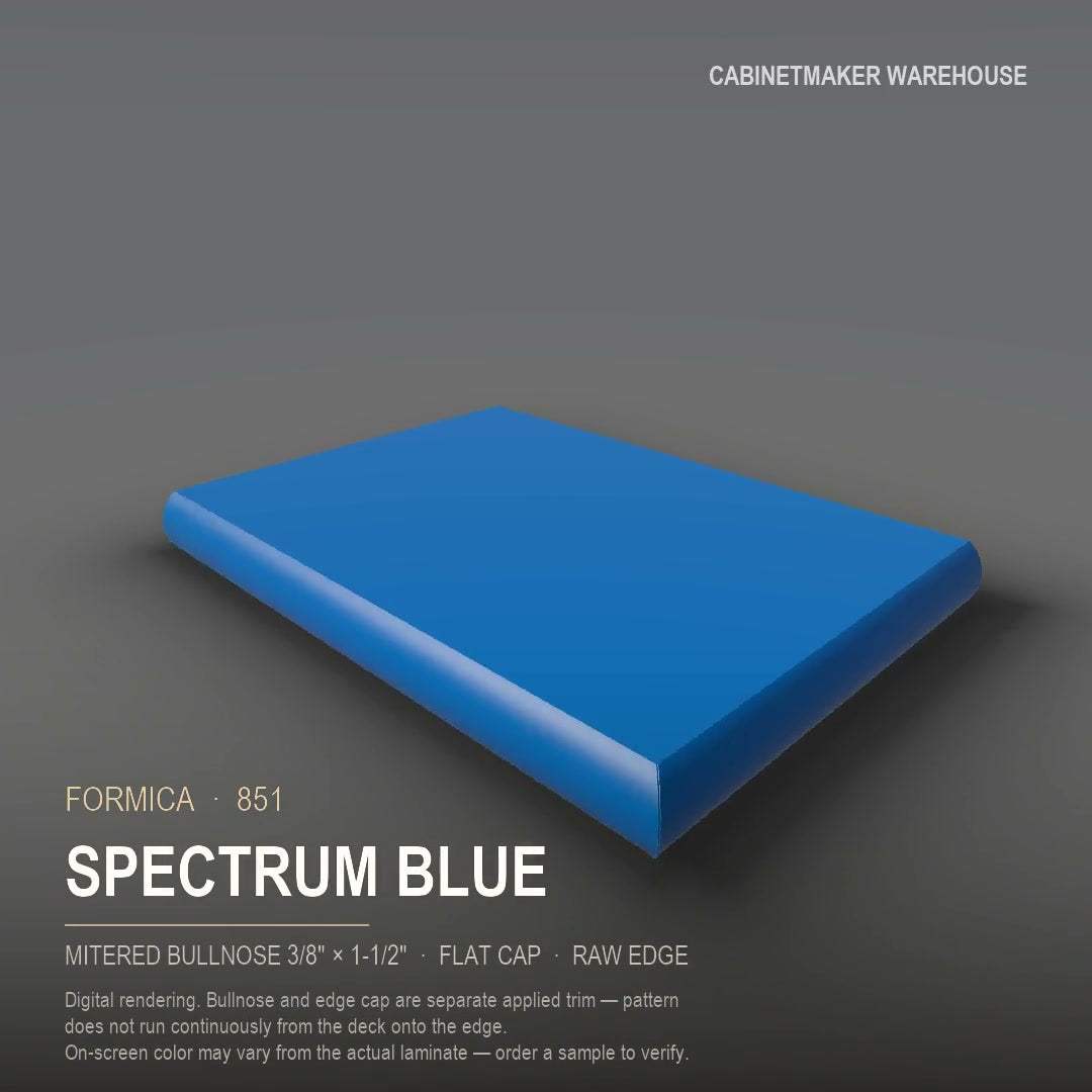 Formica Spectrum Blue 851 laminate on a countertop with a mitered bullnose edge