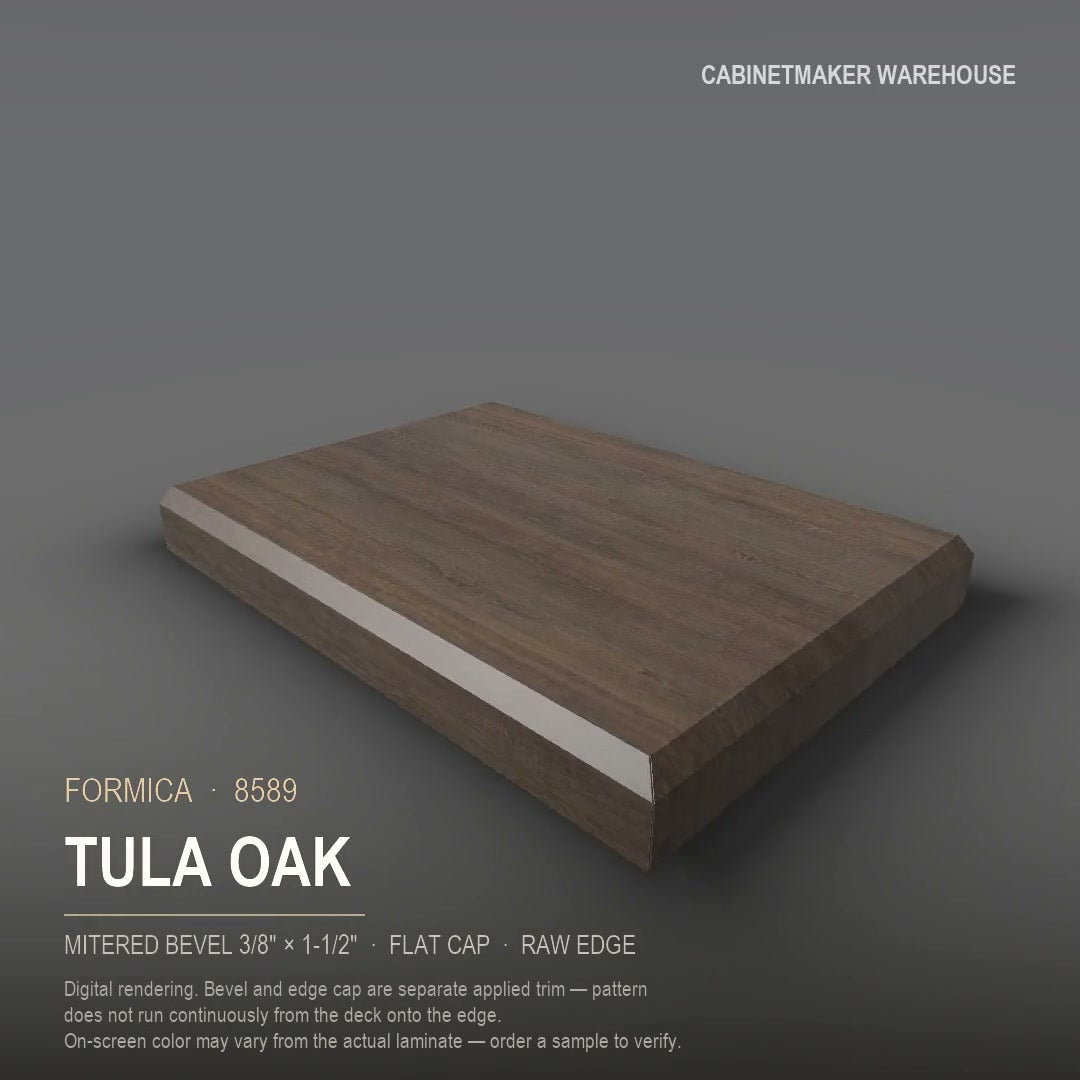 Formica Tula Oak 8589 laminate on a countertop with a mitered bevel edge