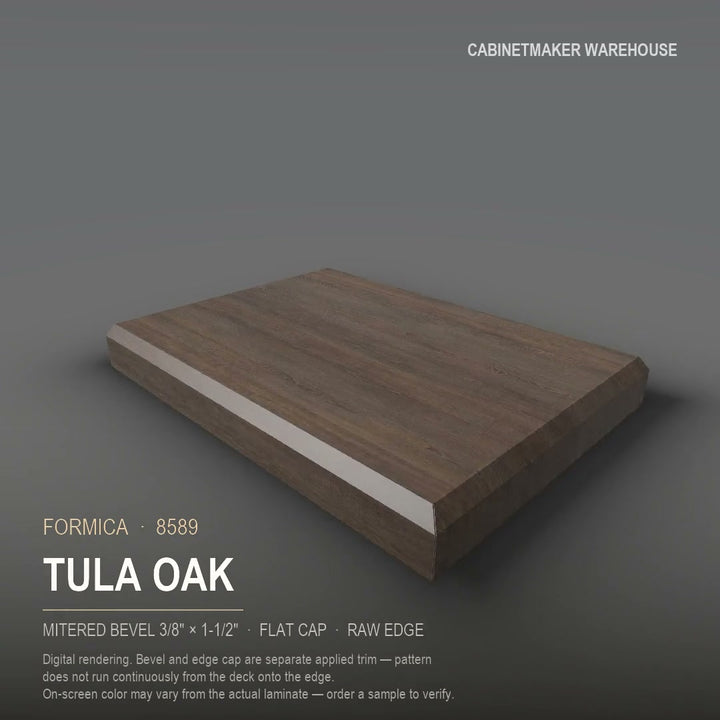 Formica Tula Oak 8589 laminate on a countertop with a mitered bevel edge
