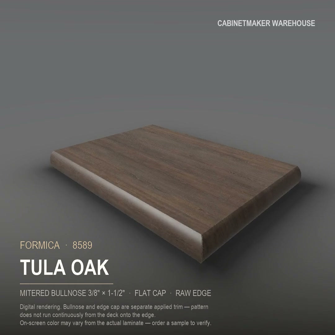 Formica Tula Oak 8589 laminate on a countertop with a mitered bullnose edge