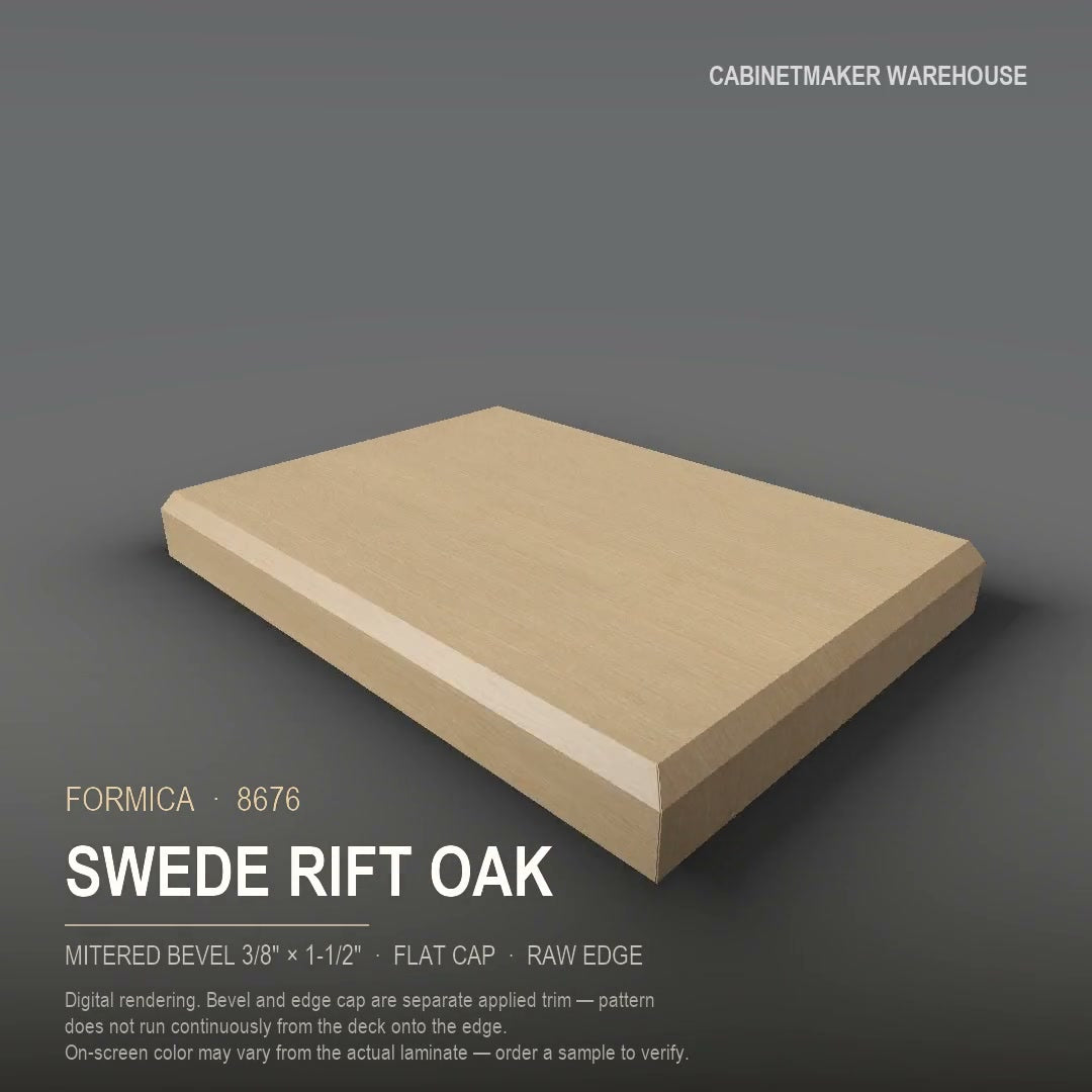 Formica Swede Rift Oak 8676 laminate on a countertop with a mitered bevel edge