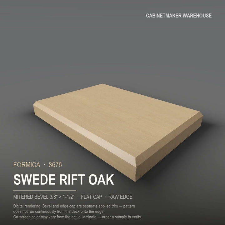 Formica Swede Rift Oak 8676 laminate on a countertop with a mitered bevel edge