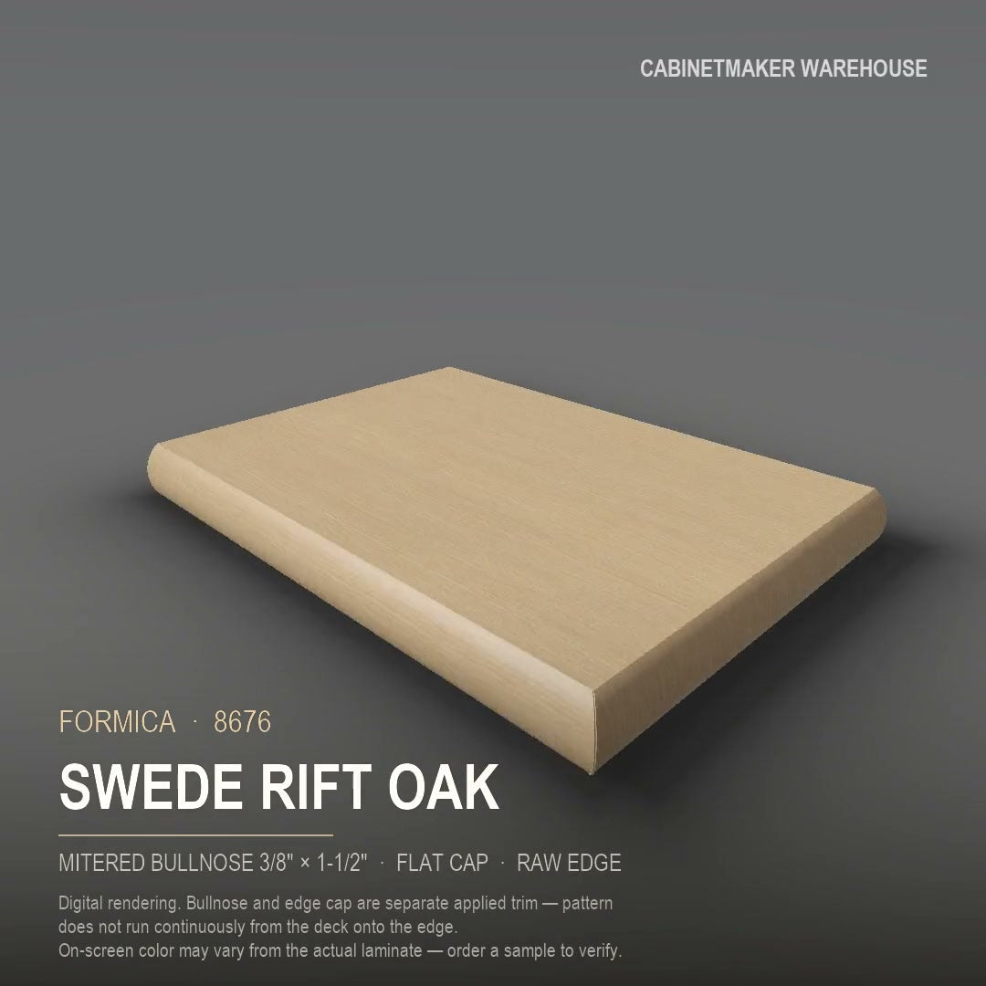 Formica Swede Rift Oak 8676 laminate on a countertop with a mitered bullnose edge