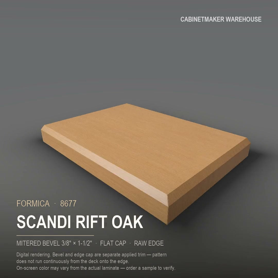 Formica Scandi Rift Oak 8677 laminate on a countertop with a mitered bevel edge