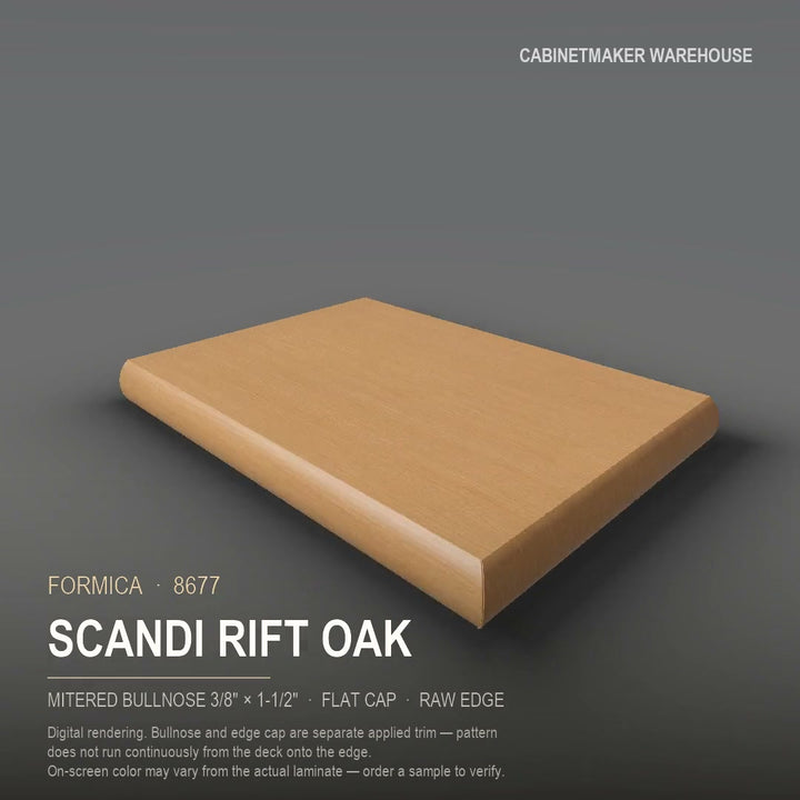 Formica Scandi Rift Oak 8677 laminate on a countertop with a mitered bullnose edge