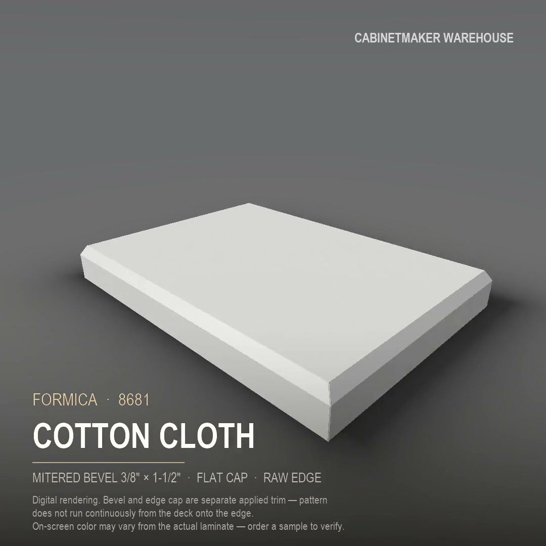 Formica Cotton Cloth 8681 laminate on a countertop with a mitered bevel edge