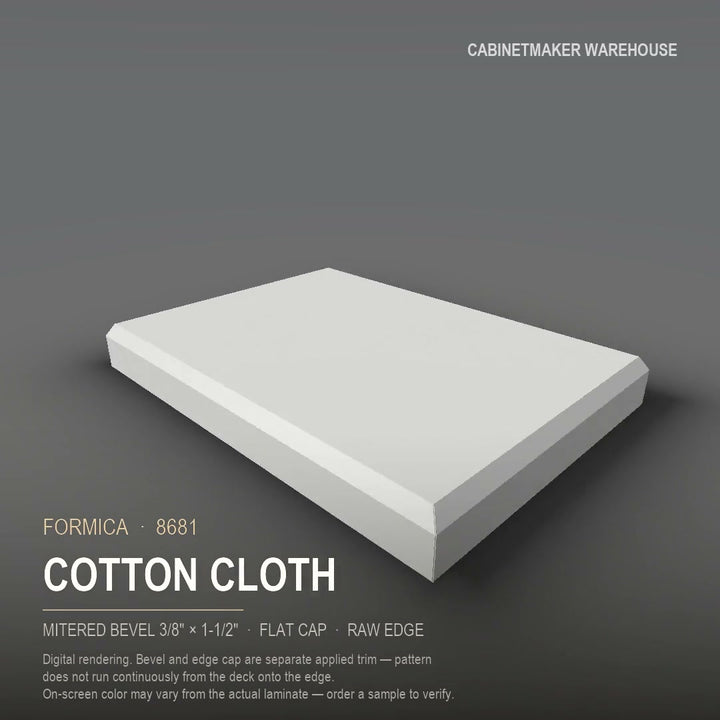 Formica Cotton Cloth 8681 laminate on a countertop with a mitered bevel edge