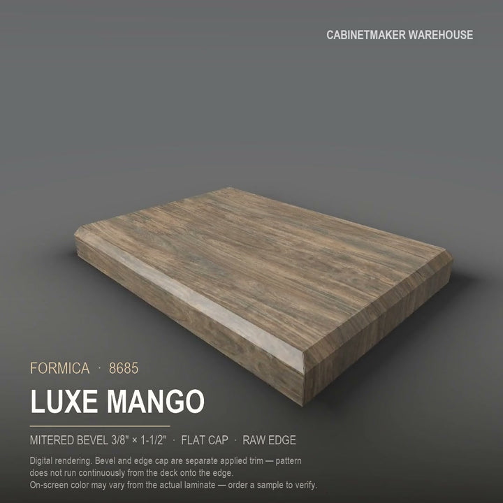 Formica Luxe Mango 8685 laminate on a countertop with a mitered bevel edge