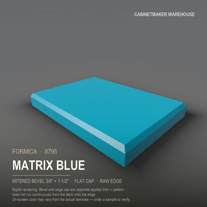 Formica Matrix Blue 8795 laminate on a countertop with a mitered bevel edge