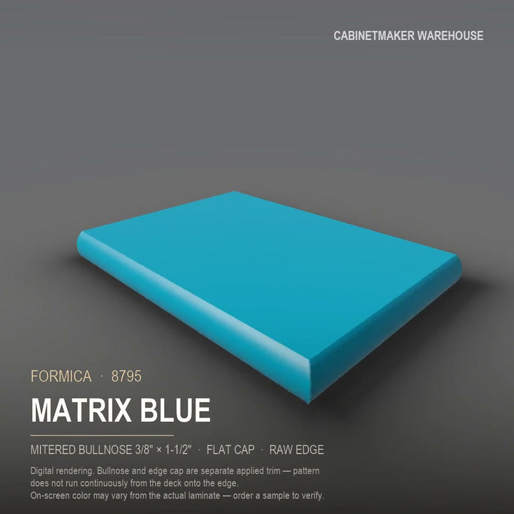 Formica Matrix Blue 8795 laminate on a countertop with a mitered bullnose edge