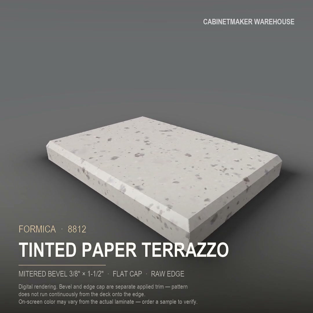 Formica Tinted Paper Terrazzo 8812 laminate on a countertop with a mitered bevel edge