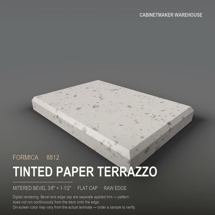 Formica Tinted Paper Terrazzo 8812 laminate on a countertop with a mitered bevel edge