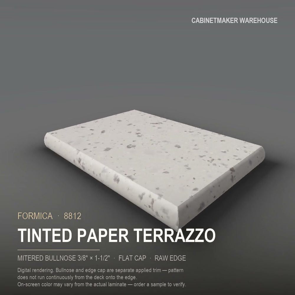Formica Tinted Paper Terrazzo 8812 laminate on a countertop with a mitered bullnose edge