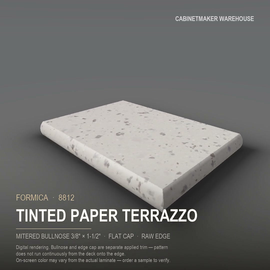 Formica Tinted Paper Terrazzo 8812 laminate on a countertop with a mitered bullnose edge