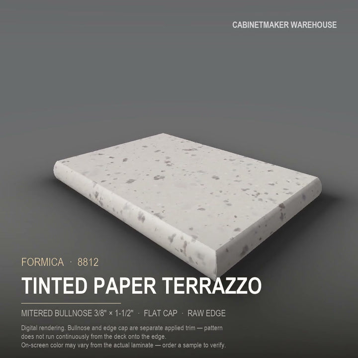 Formica Tinted Paper Terrazzo 8812 laminate on a countertop with a mitered bullnose edge