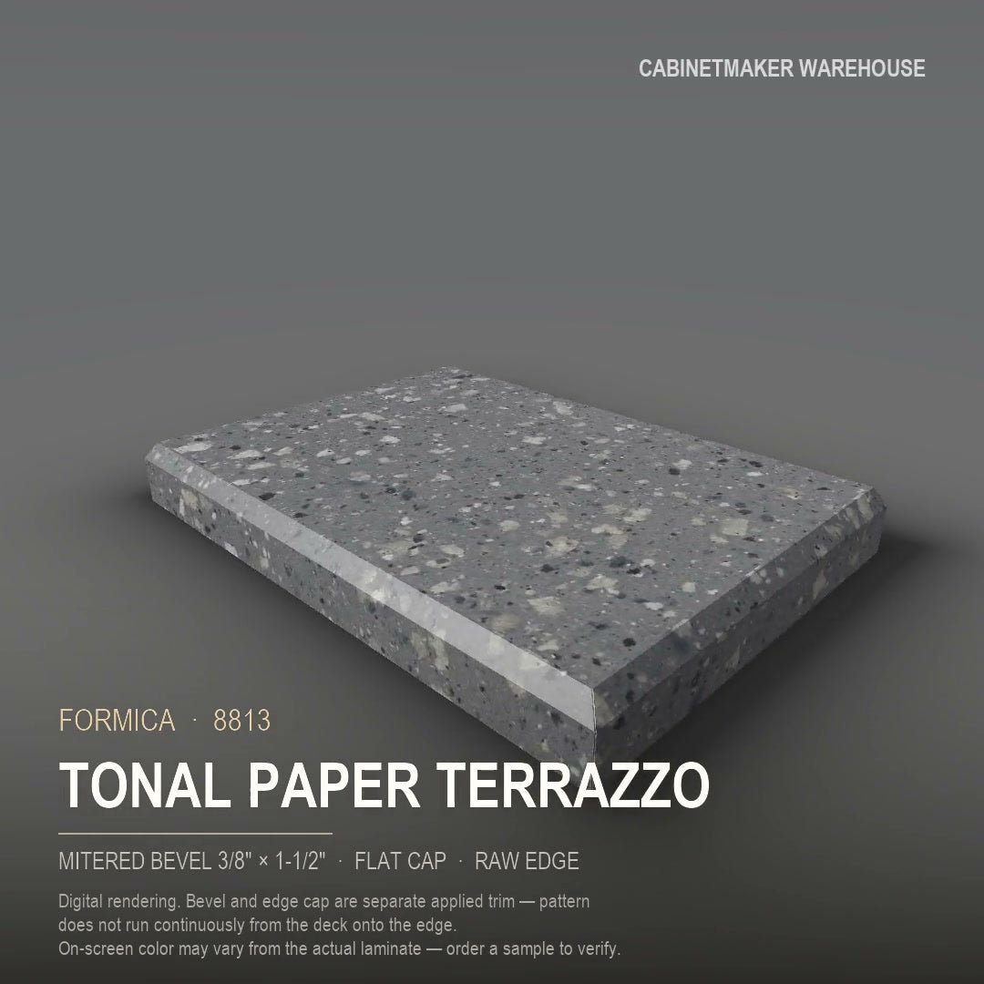 Formica Tonal Paper Terrazzo 8813 laminate on a countertop with a mitered bevel edge