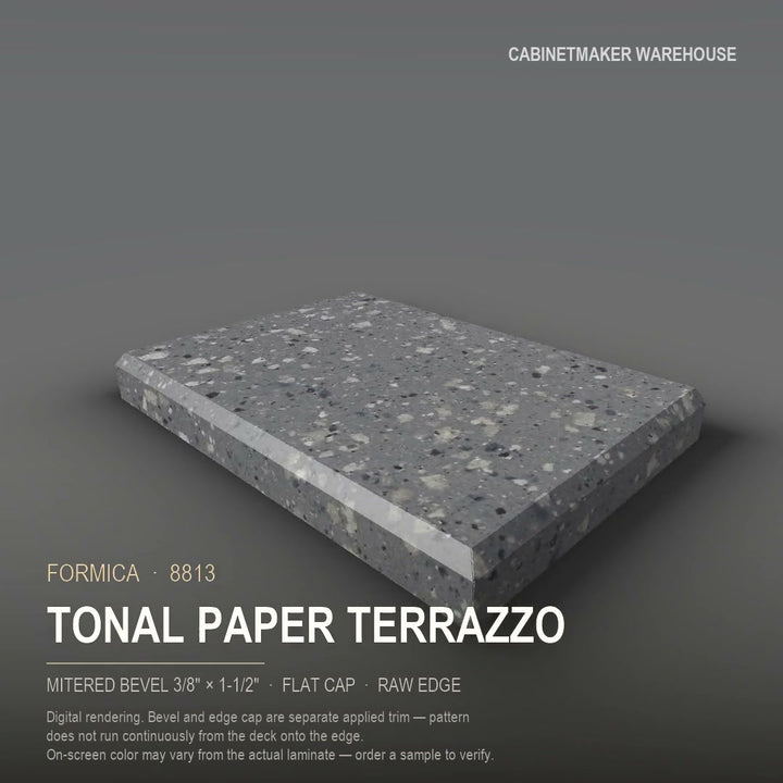 Formica Tonal Paper Terrazzo 8813 laminate on a countertop with a mitered bevel edge