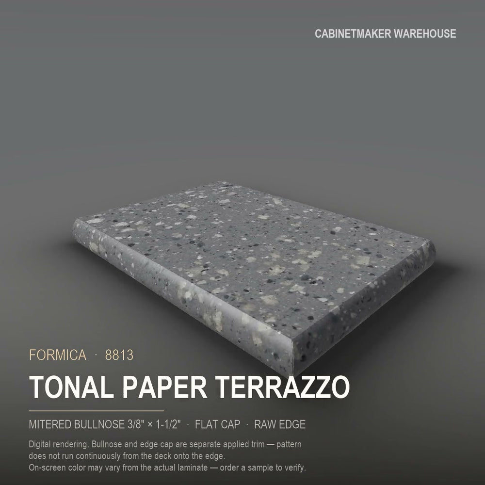 Formica Tonal Paper Terrazzo 8813 laminate on a countertop with a mitered bullnose edge
