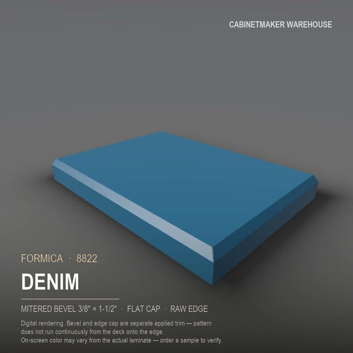 Formica Denim 8822 laminate on a countertop with a mitered bevel edge