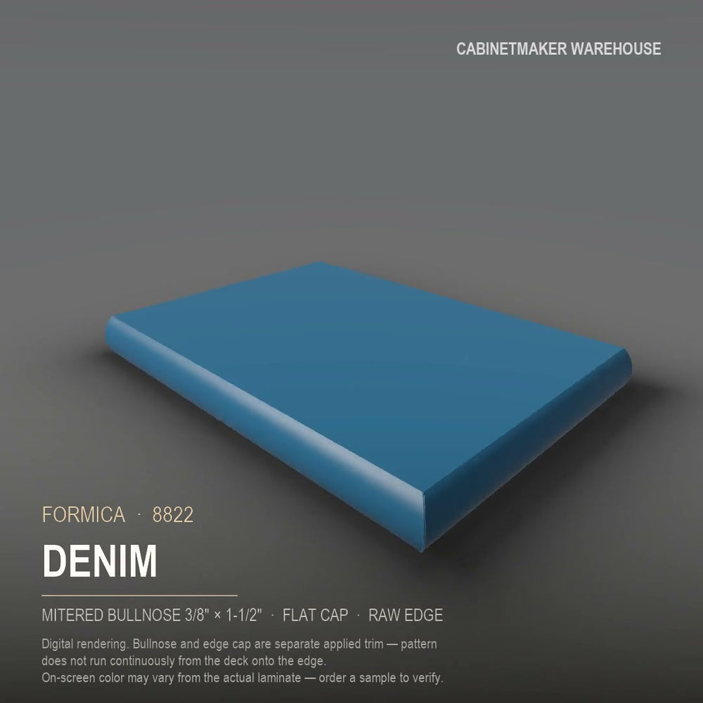 Formica Denim 8822 laminate on a countertop with a mitered bullnose edge
