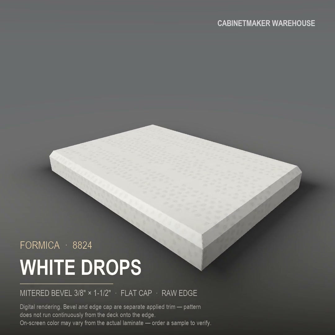 Formica White Drops 8824 laminate on a countertop with a mitered bevel edge