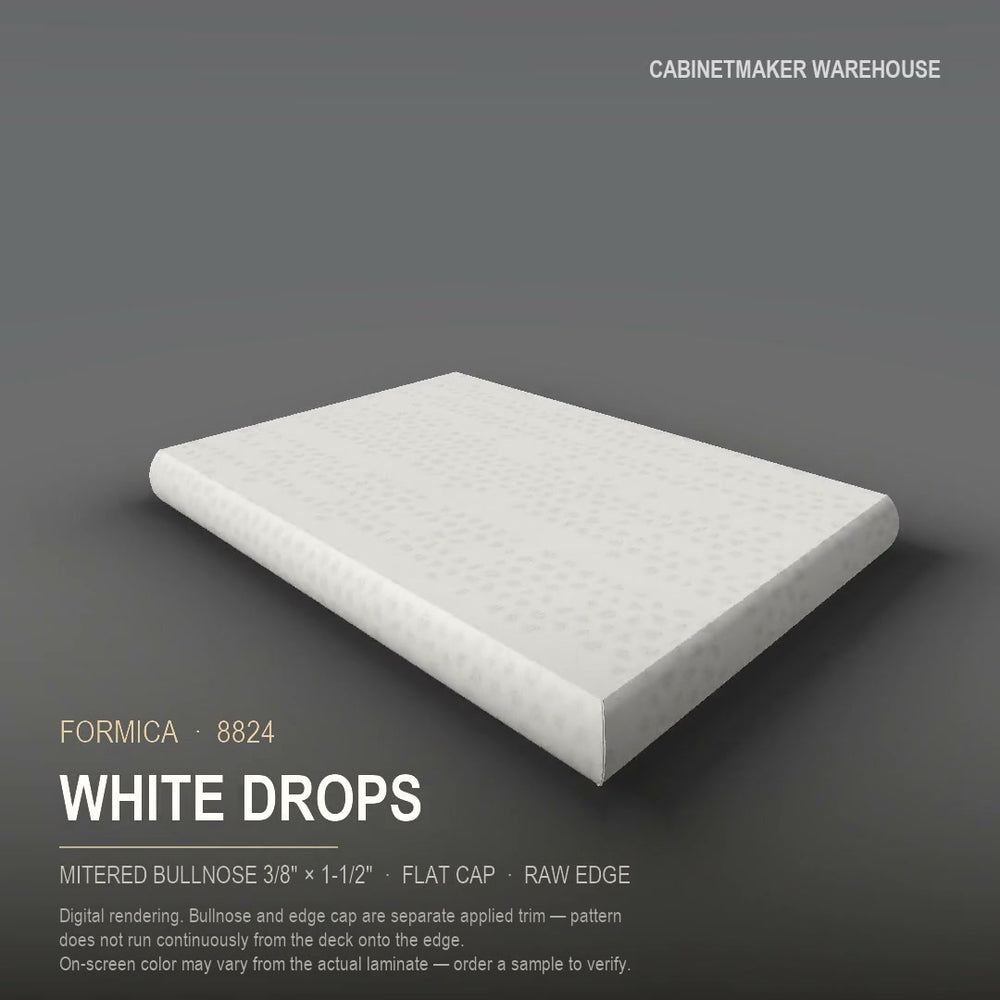Formica White Drops 8824 laminate on a countertop with a mitered bullnose edge